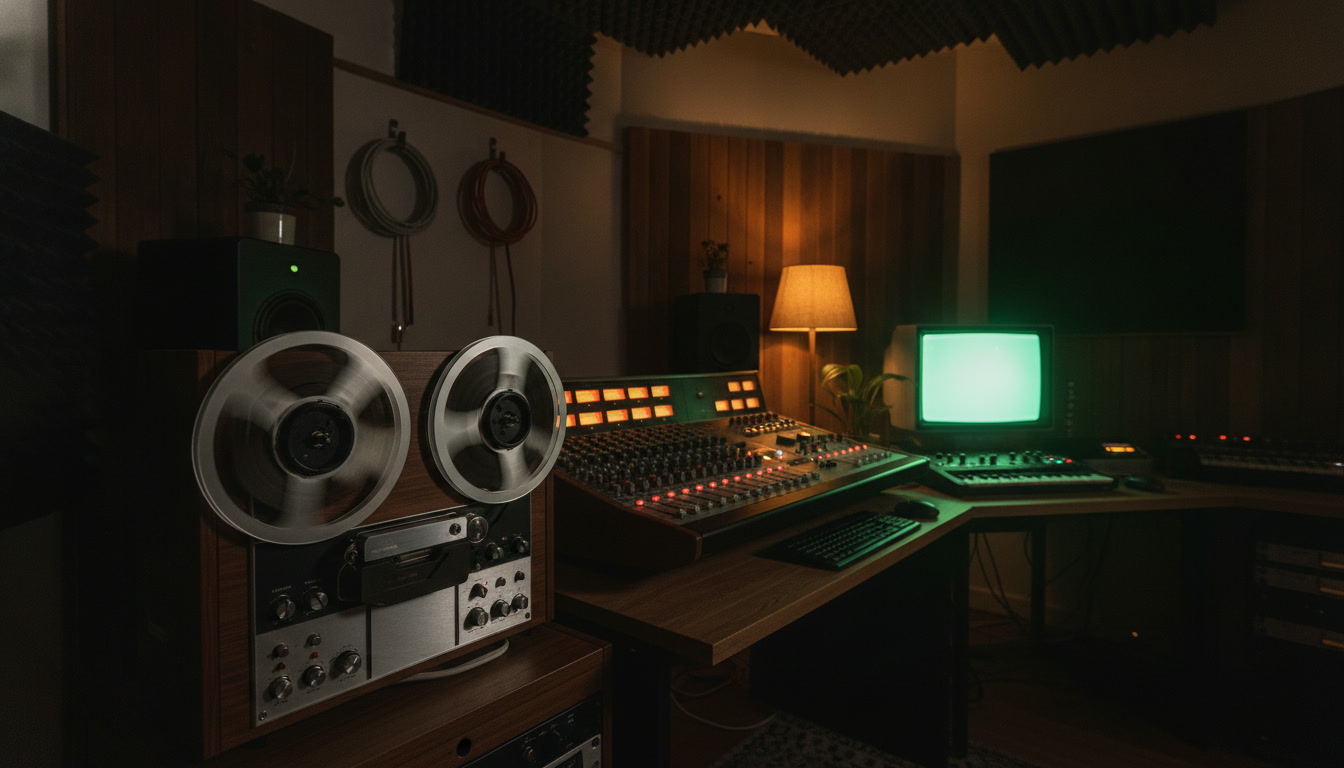 A night studio with a reel-to-reel tape machine and a console lit by a green monitor