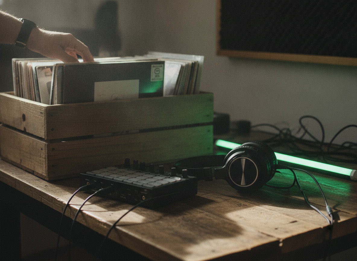 A crate of vinyl records being flipped through